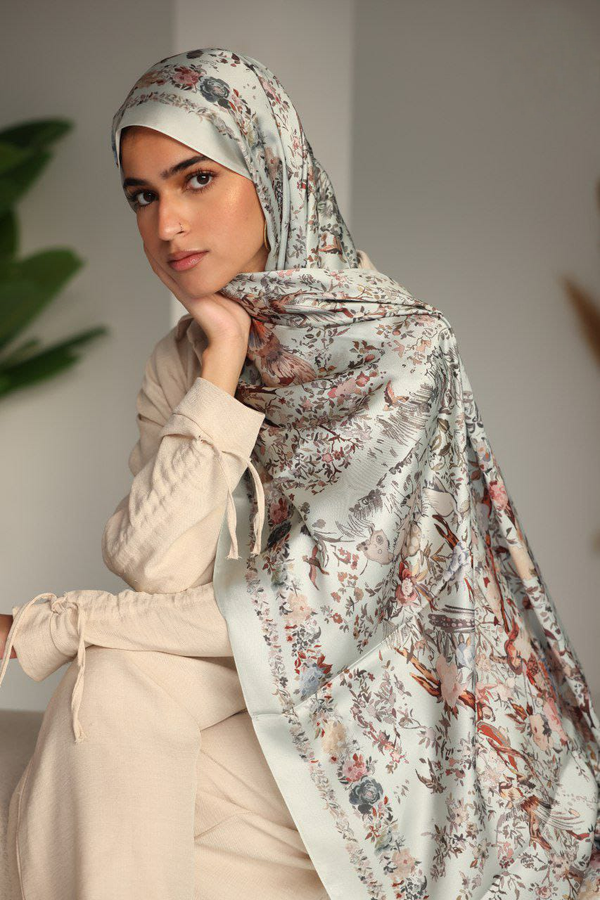Ethereal Garden - Soft Sage Floral French Satin Scarf