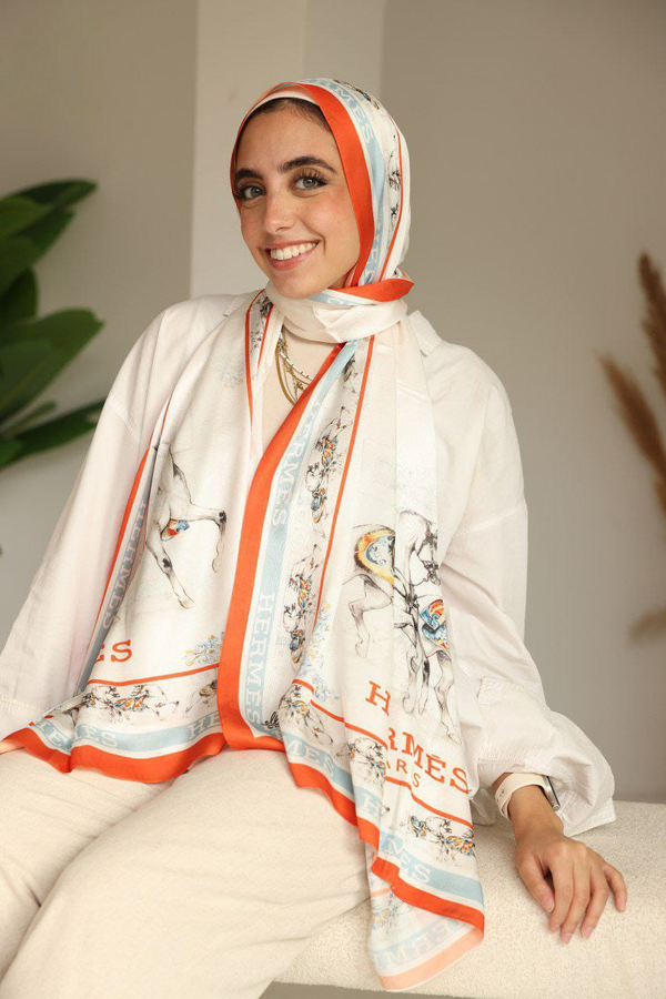 Equestrian Charm - Ivory & Coral Silk Scarf