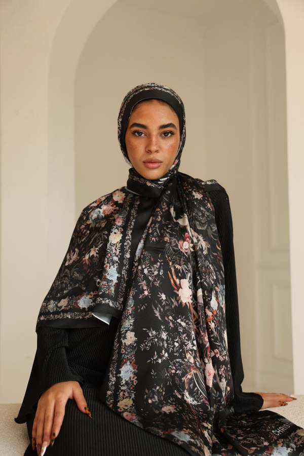 Noir Bloom - Midnight Floral French Satin Scarf