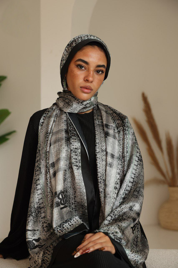 Shadow Luxe - Grey Monochrome Patterned French Satin Scarf