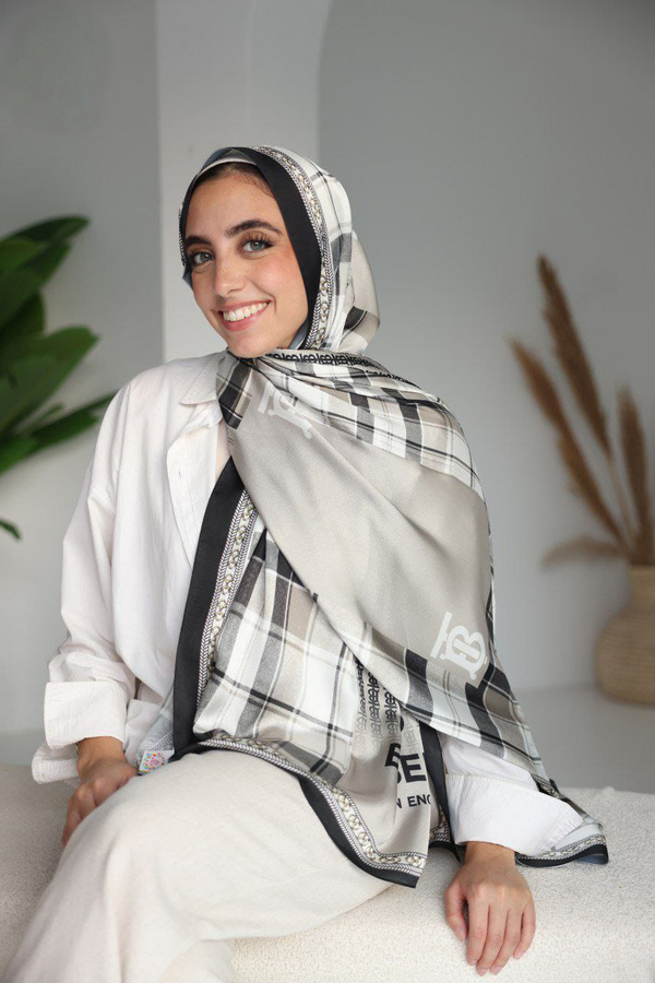 Ivory Check - Monochrome Plaid French Satin Scarf