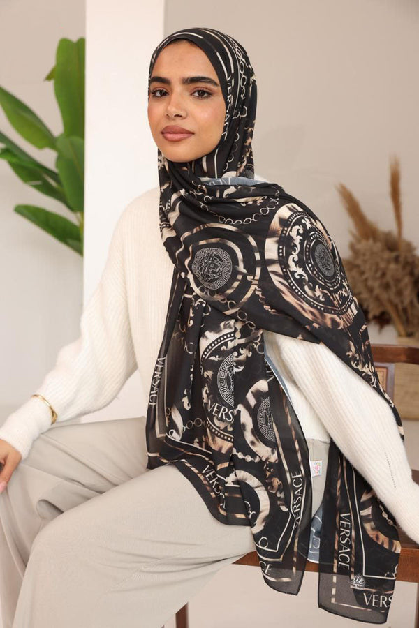 Versace-Inspired Medusa Black Hijab – Statement Elegance